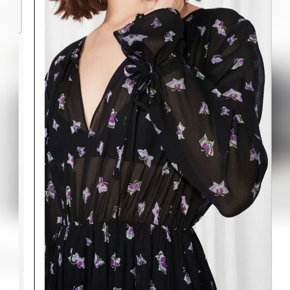 & Other Storied Printed midi dress tie neck. Sheer upper butterfly print. Size 2 - Picture 2 of 12